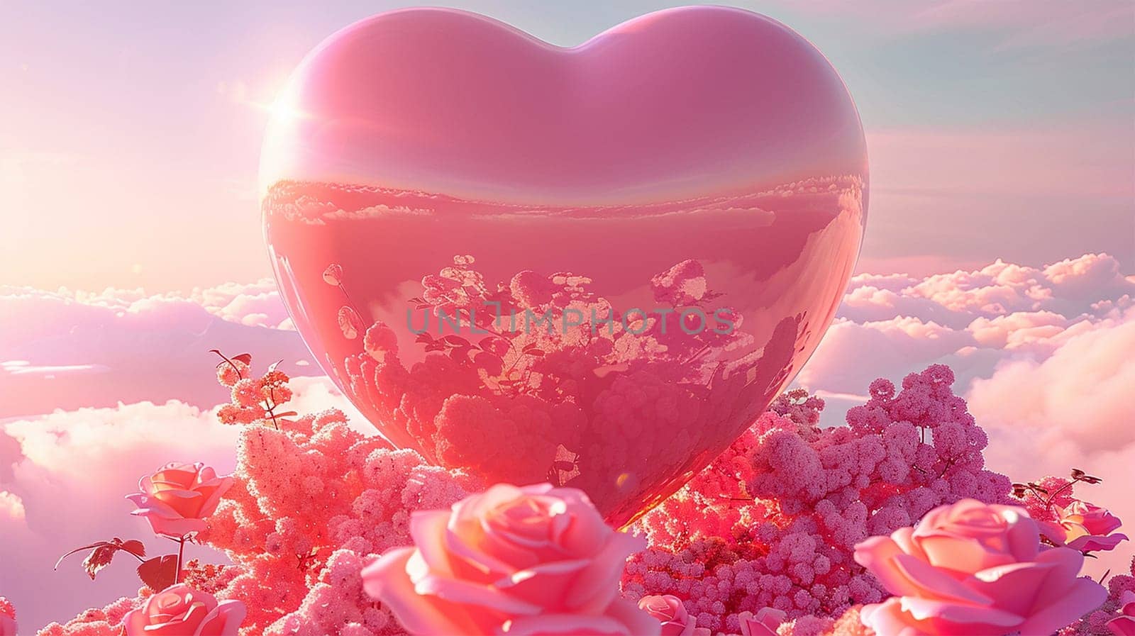 Pink heart in magical sky with pastel clouds in the sunset sky. Pink light heart shaped clouds. Love. sky for Valentine's Day, Wedding, Mother's Day. Holidays of love and tenderness Romantic Love