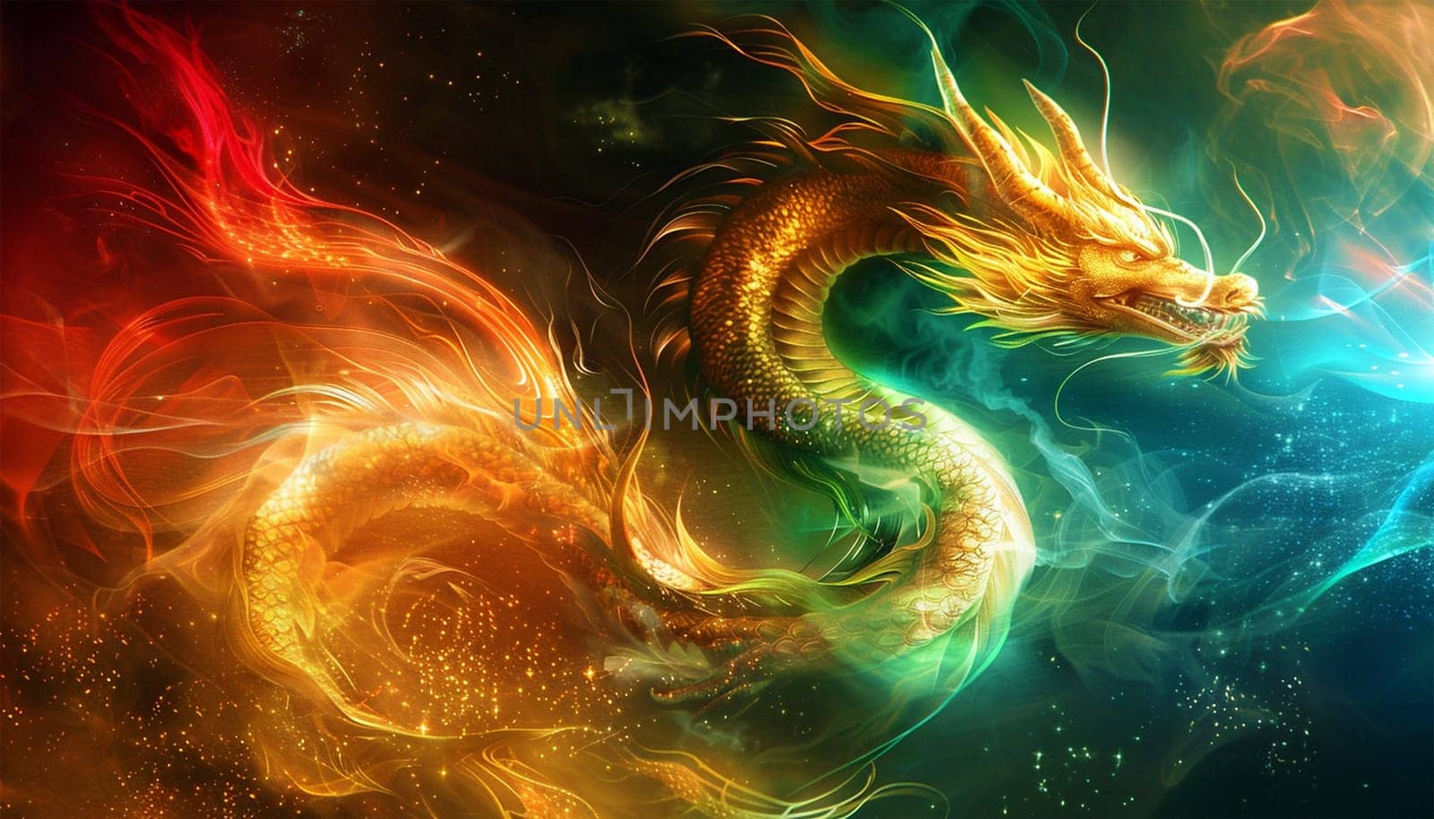 Chinese dragon neon glow and smoke. Chinese New Year 2024, Year of the Dragon animation, flickering colorful neon sign, Chinese Dragon with New Year greetings on black background loop on dark background neon