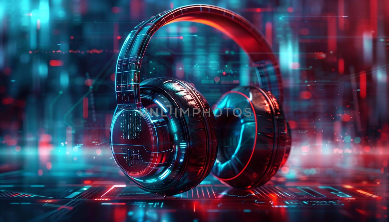3D music headphone in cyberpunk futuristic background. Neon flickering and glow Wireless headset in blue pink neon effect. Gaming design copy space
