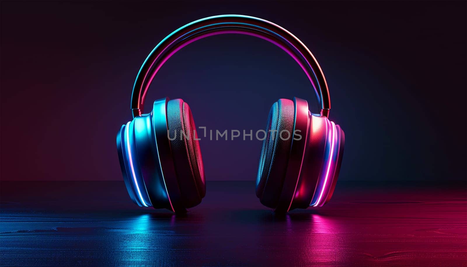 3D music headphone in cyberpunk futuristic background. Neon flickering and glow Wireless headset in blue pink neon effect. Gaming design copy space
