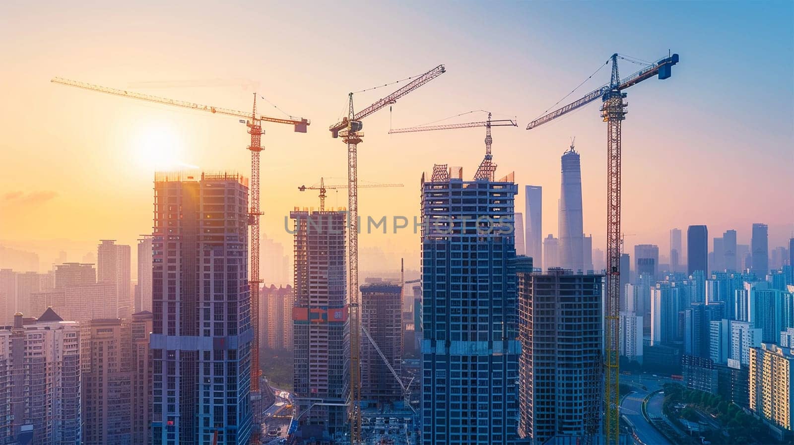 Skyline and Skyscraper under construction. Huge modern building work in progress with enormous crane in first plan. Belgrade city business and residential district, Big modern city