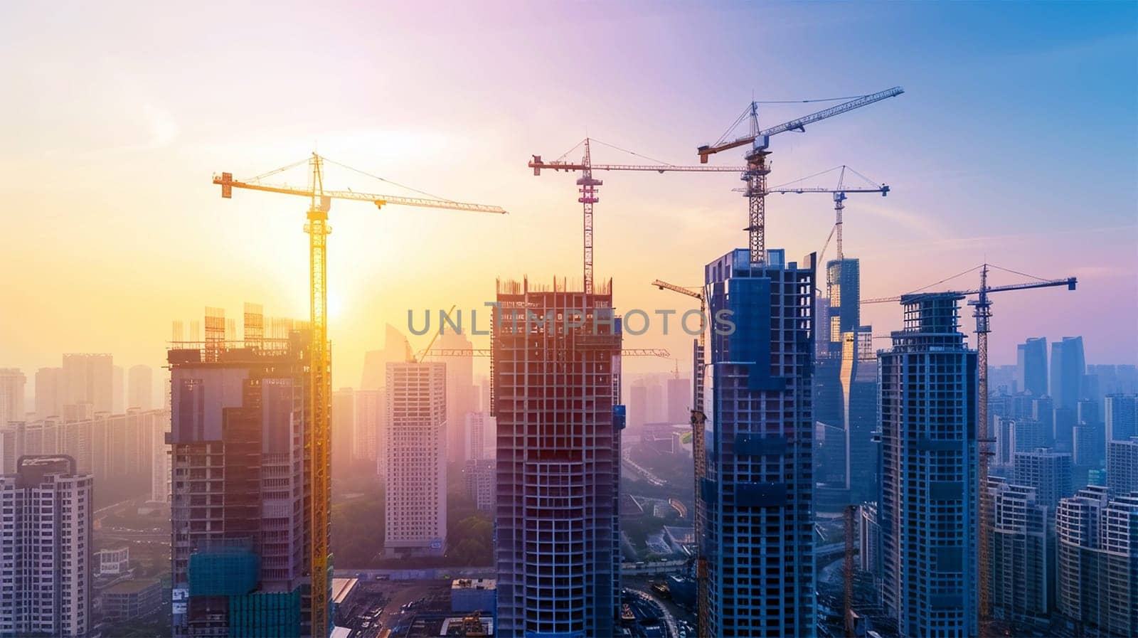 Skyline and Skyscraper under construction. Huge modern building work in progress with enormous crane in first plan. Belgrade city business and residential district, Big modern city