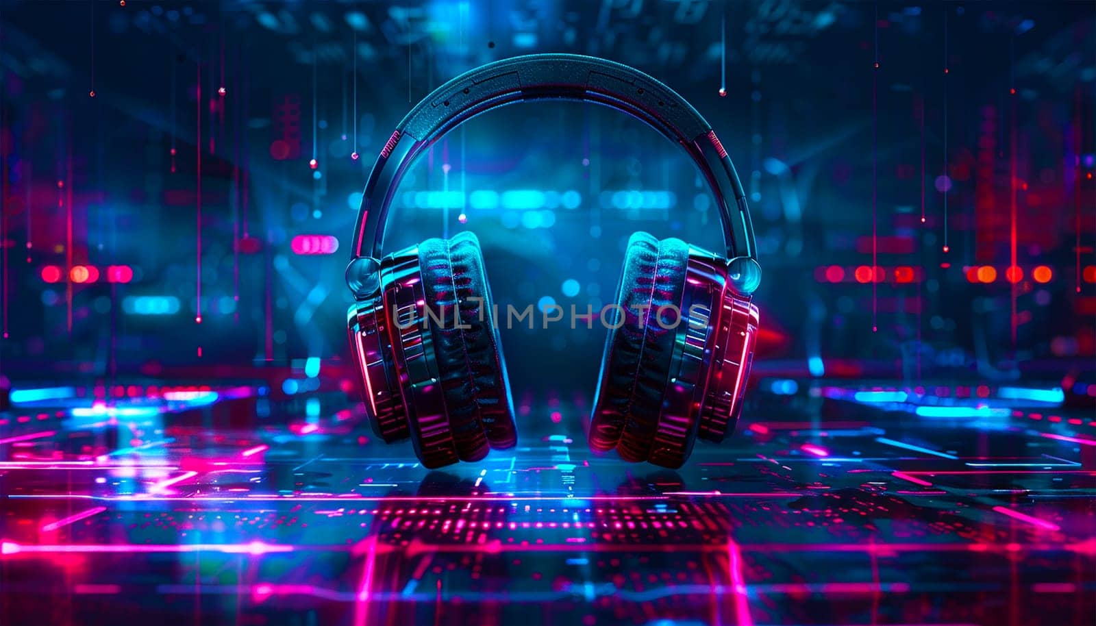 3D music headphone in cyberpunk futuristic background. Neon flickering and glow Wireless headset in blue pink neon effect. Gaming design copy space
