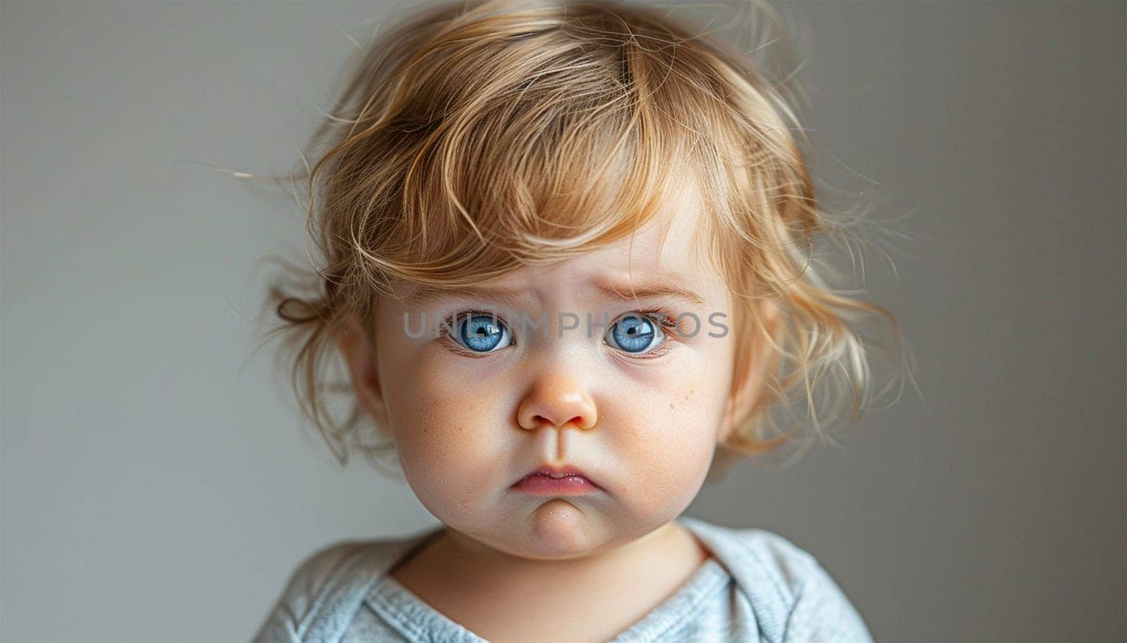 Sad child. Unhappy toddler. Little unhappy kid looking at camera while sitting