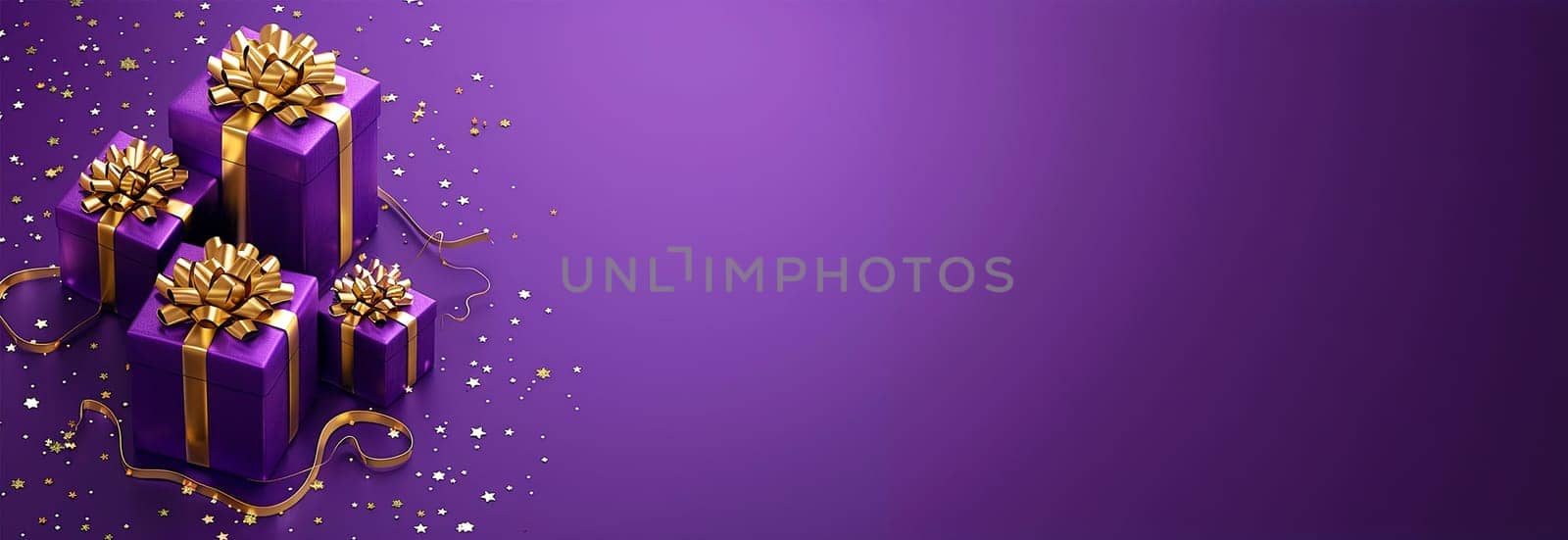 Purple giftbox flying with golden particles. Realistic violet gift box with golden ribbon bow background. Concept of abstract holiday, birthday or wedding present or surprise. Mother's Day. pastel