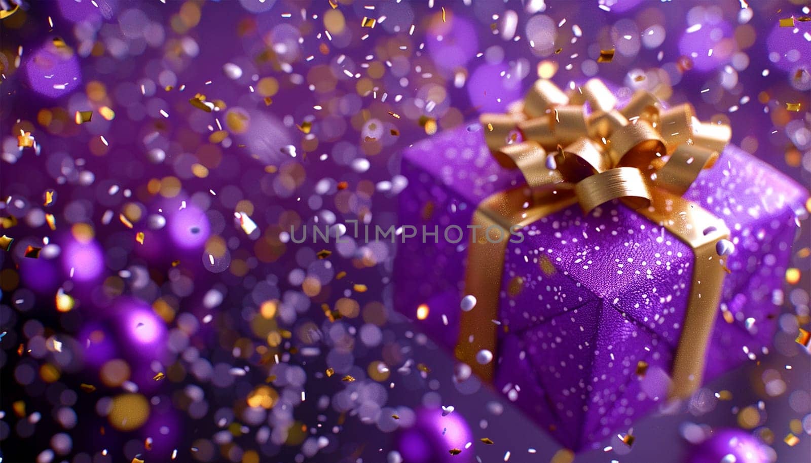 Purple giftbox flying with golden particles. Realistic violet gift box with golden ribbon bow background. Concept of abstract holiday, birthday or wedding present or surprise. Mother's Day. pastel