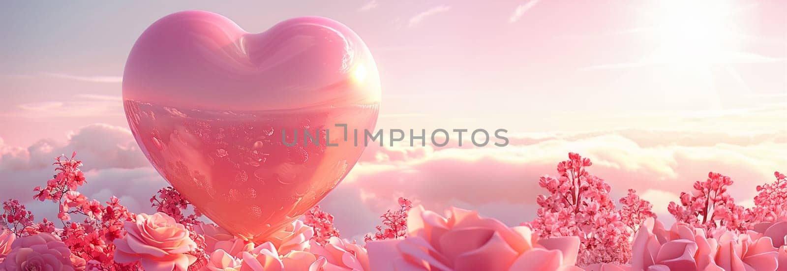 Pink heart in magical sky with pastel clouds in the sunset sky. Pink light heart shaped clouds. Love. sky for Valentine's Day, Wedding, Mother's Day. Holidays of love and tenderness Romantic Love