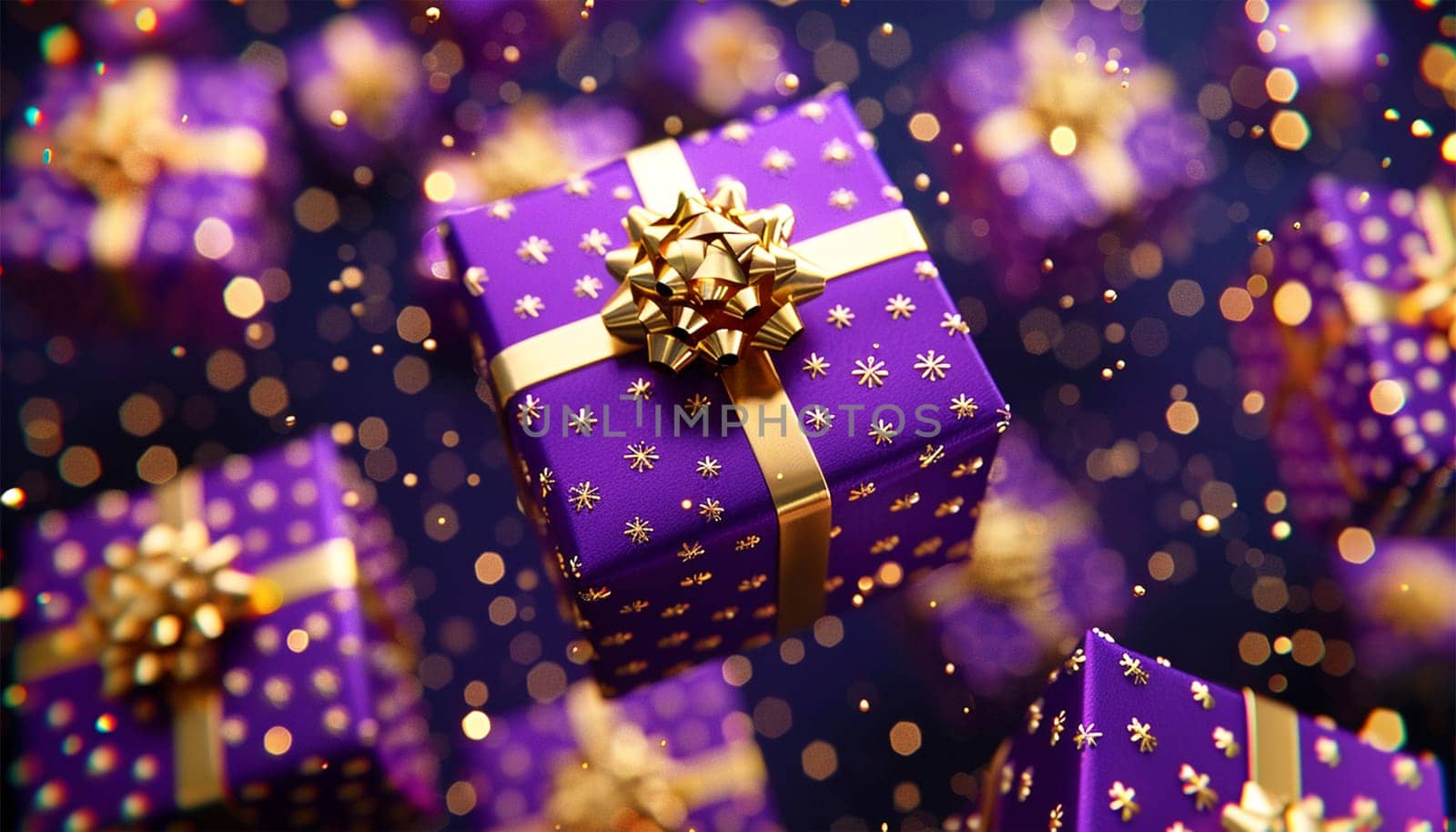 Purple giftbox flying with golden particles. Realistic violet gift box with golden ribbon bow background. Concept of abstract holiday, birthday or wedding present or surprise. Mother's Day. pastel