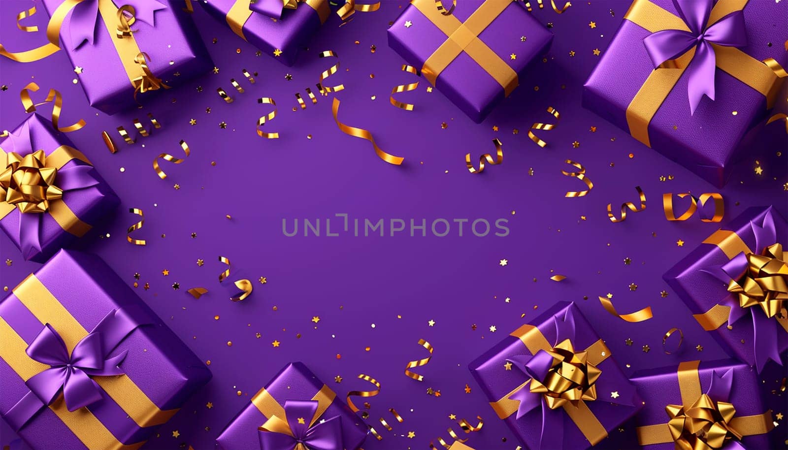 Purple giftbox flying with golden particles. Realistic violet gift box with golden ribbon bow background. Concept of abstract holiday, birthday or wedding present or surprise. Mother's Day. pastel