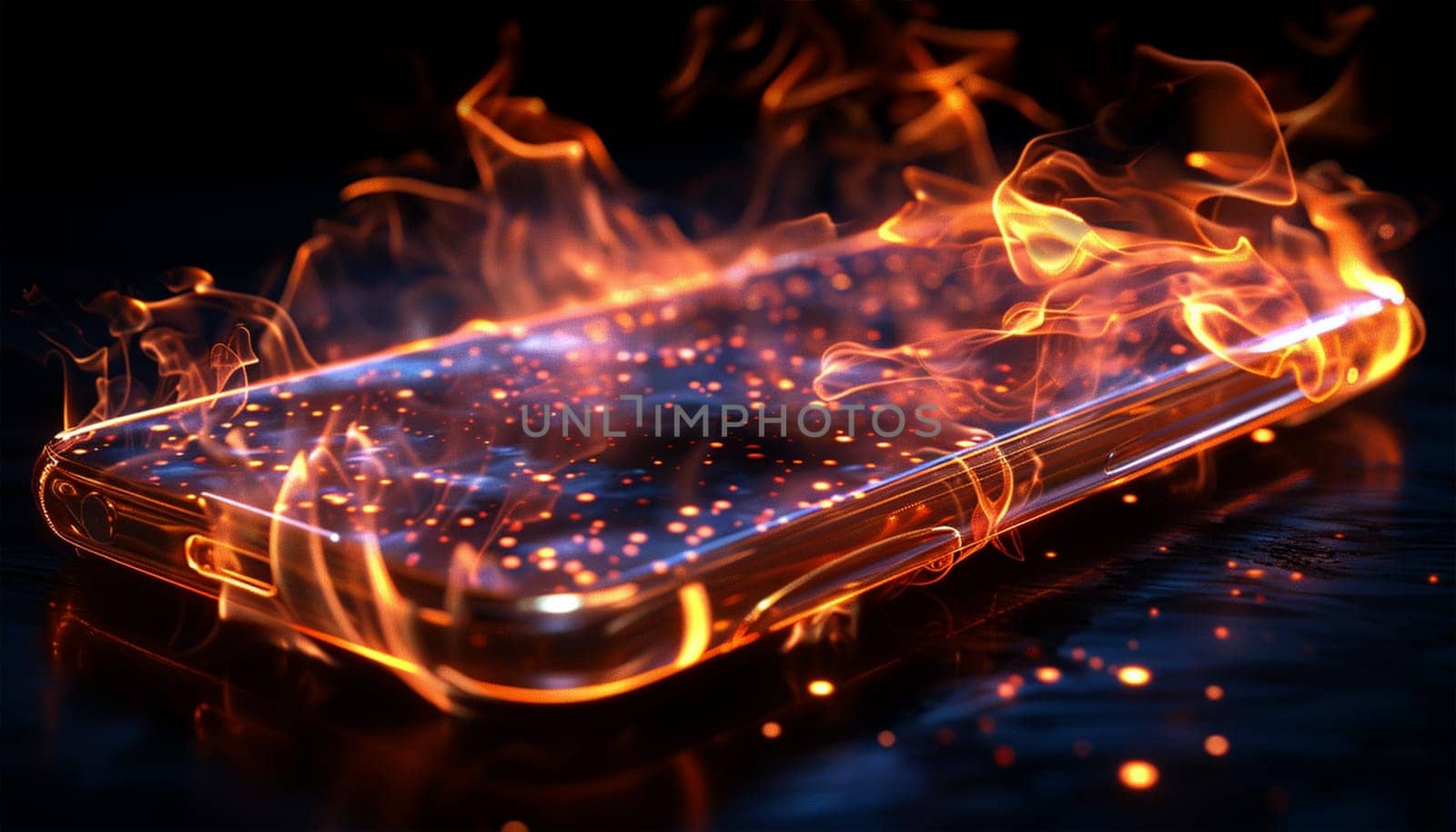 Mobile phone battery overheated burning flames. Smartphone on fire. Burning smartphone with bad battery exploded or overloaded processor Overprocessed burn