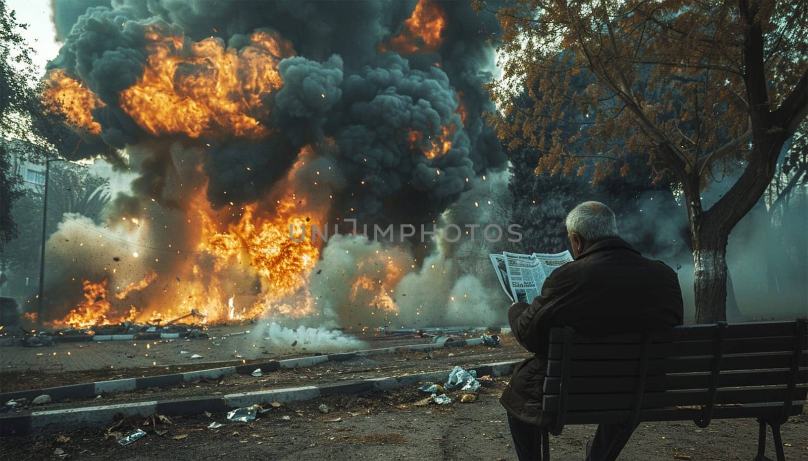 Senior man reading the news paper with a massive fire explosion in military combat and war. Tank in a city in the Middle East. Military Concept. Strength, power, explosion in the city