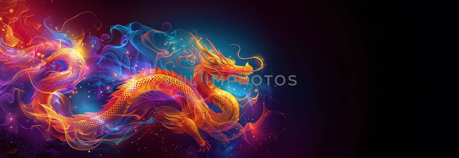 Chinese dragon neon glow and smoke. Chinese New Year 2024, Year of the Dragon animation, flickering colorful neon sign, Chinese Dragon with New Year greetings on black background loop on dark background neon