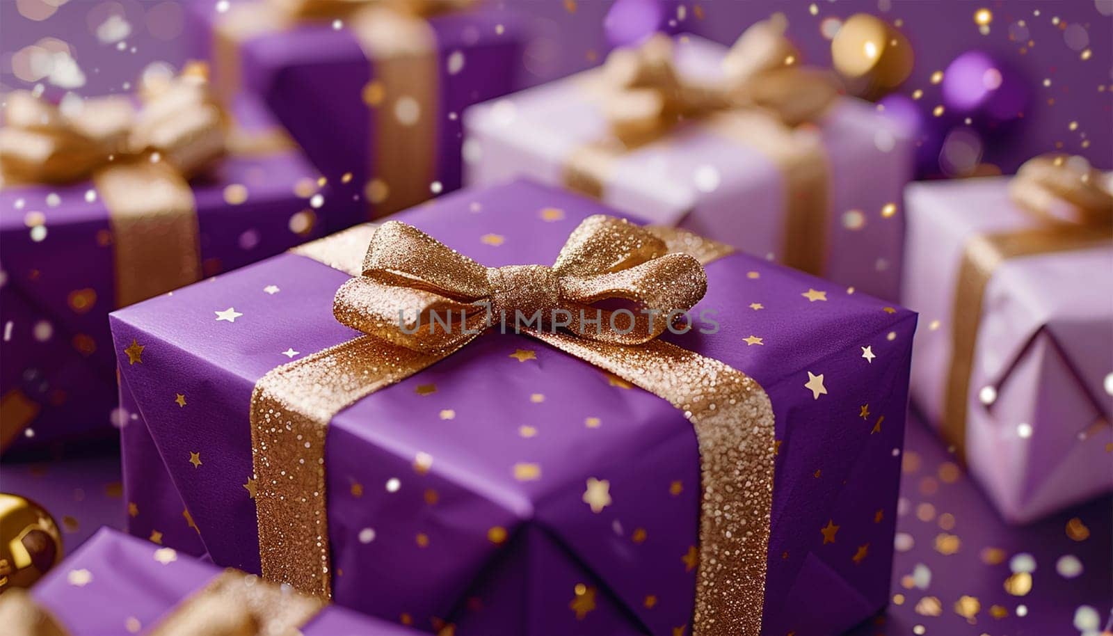 Purple giftbox flying with golden particles. Realistic violet gift box with golden ribbon bow background. Concept of abstract holiday, birthday or wedding present or surprise. Mother's Day. pastel