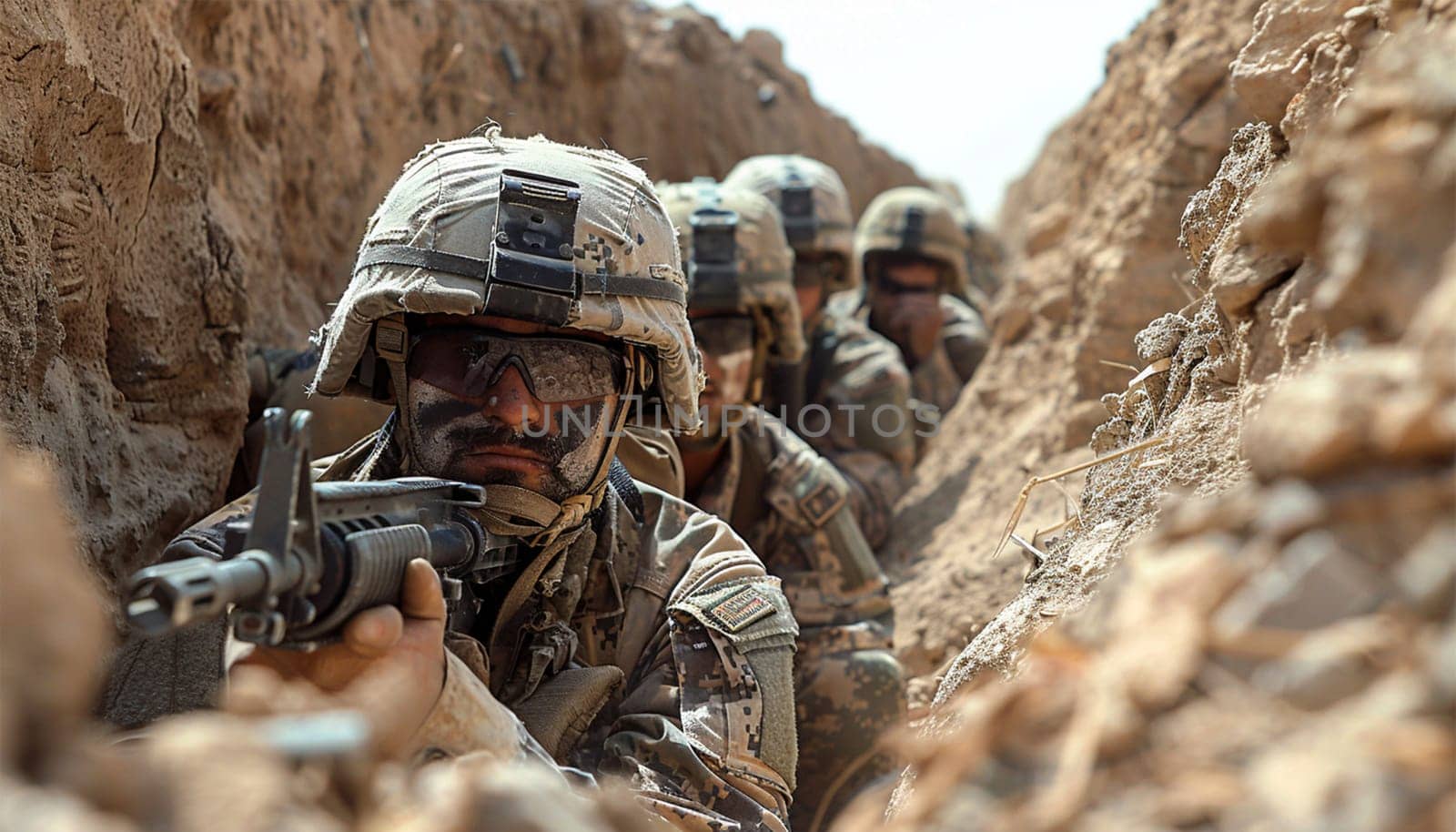 marines team in action, surrounded fire and smoke, shooting with assault rifle and machine gun, attacking enemy War zone