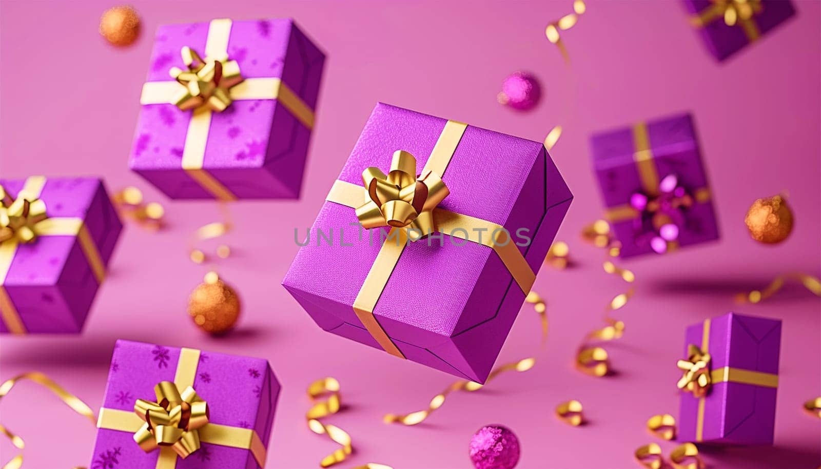Purple giftbox flying with golden particles. Realistic violet gift box with golden ribbon bow background. Concept of abstract holiday, birthday or wedding present or surprise. Mother's Day. pastel