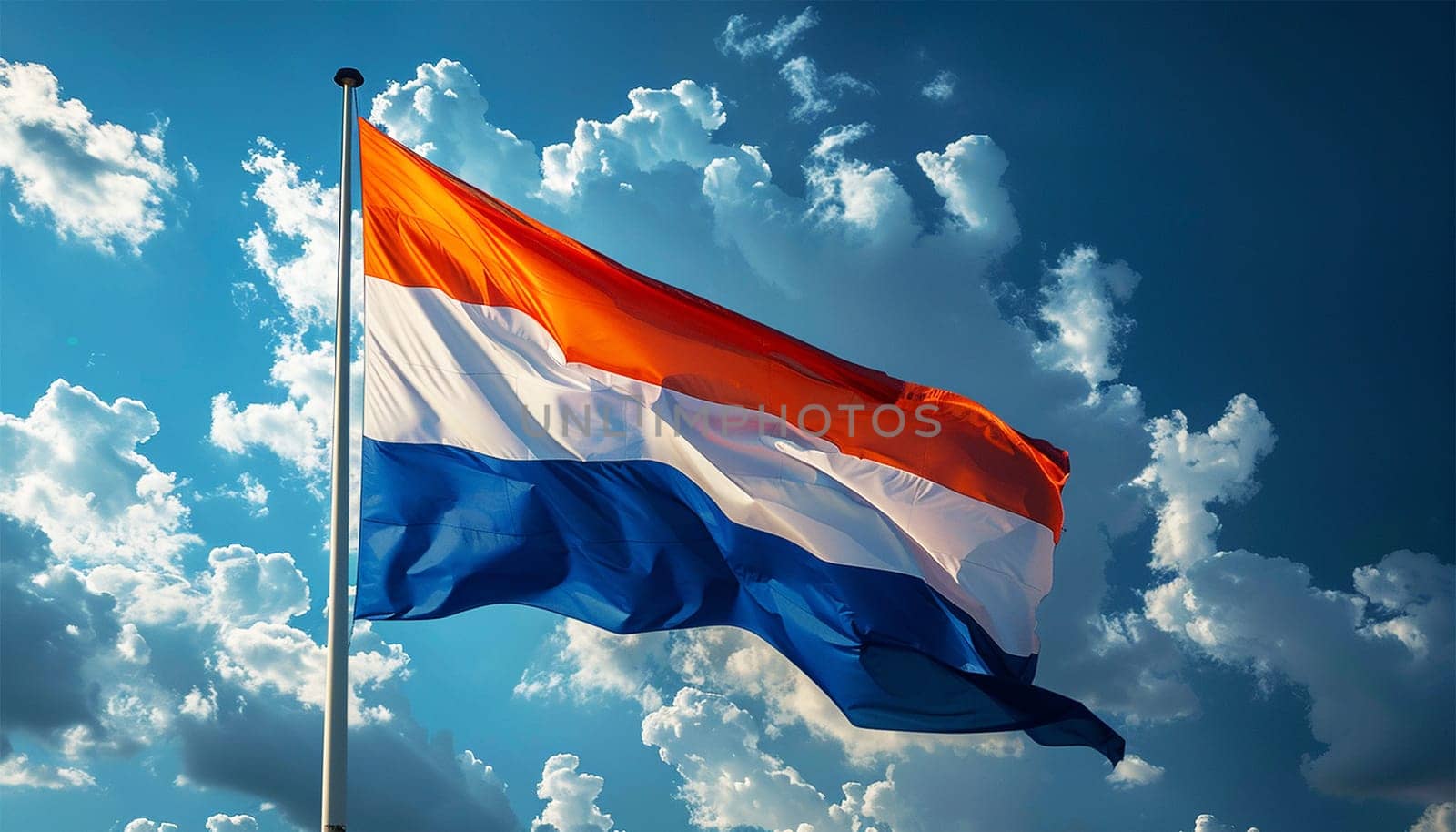 Dutch Flag Seamless Smooth Waving Animation. Wonderful Flag of the Netherlands with Folds. Symbol of the Kingdom of the Netherlands. Flag background. In the blue sky. Holland