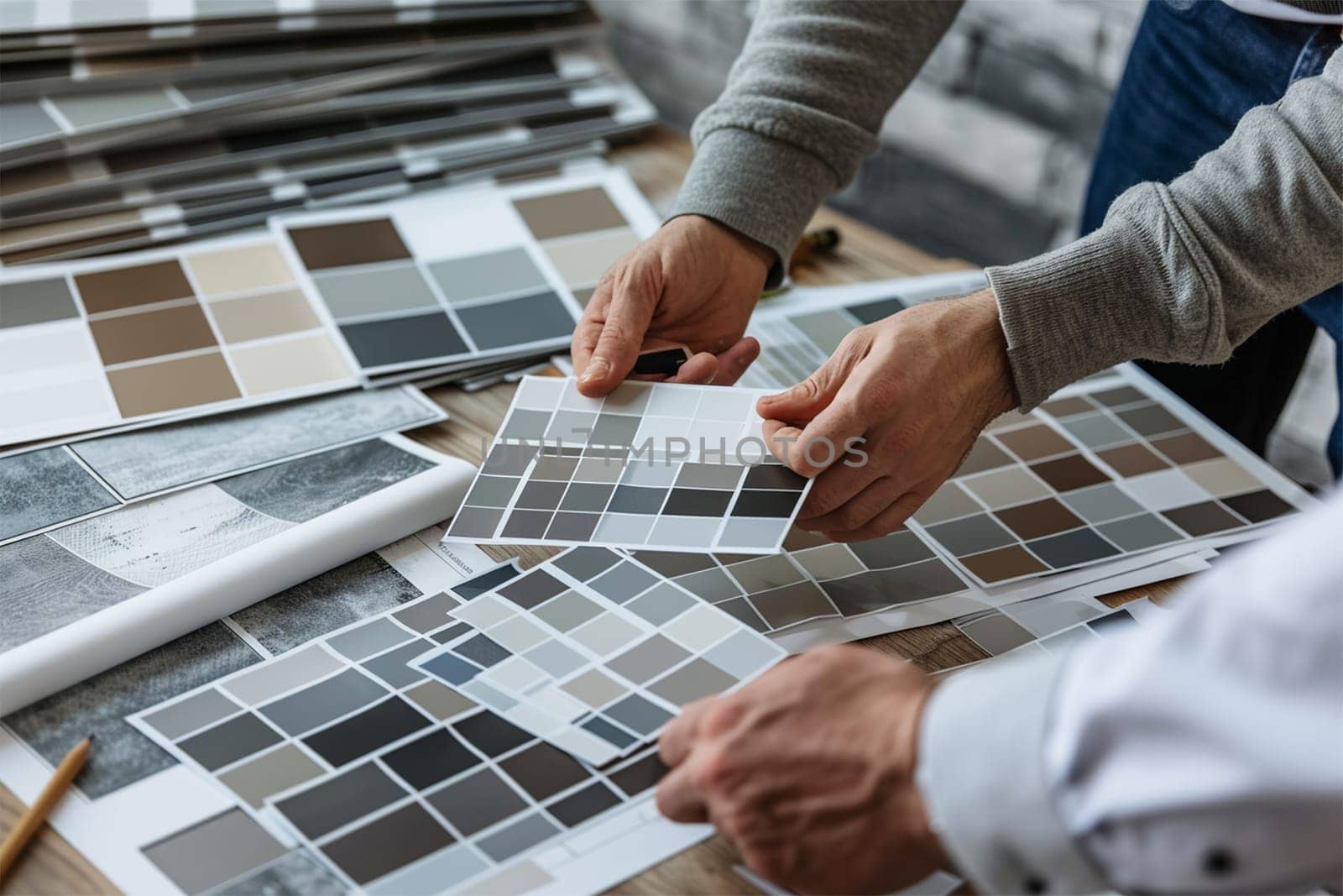 Designer hand picking sample of sustainable decoration material made from rice straw. Natural texture and pattern for interior finishing design or building facade. Alternative material from nature
