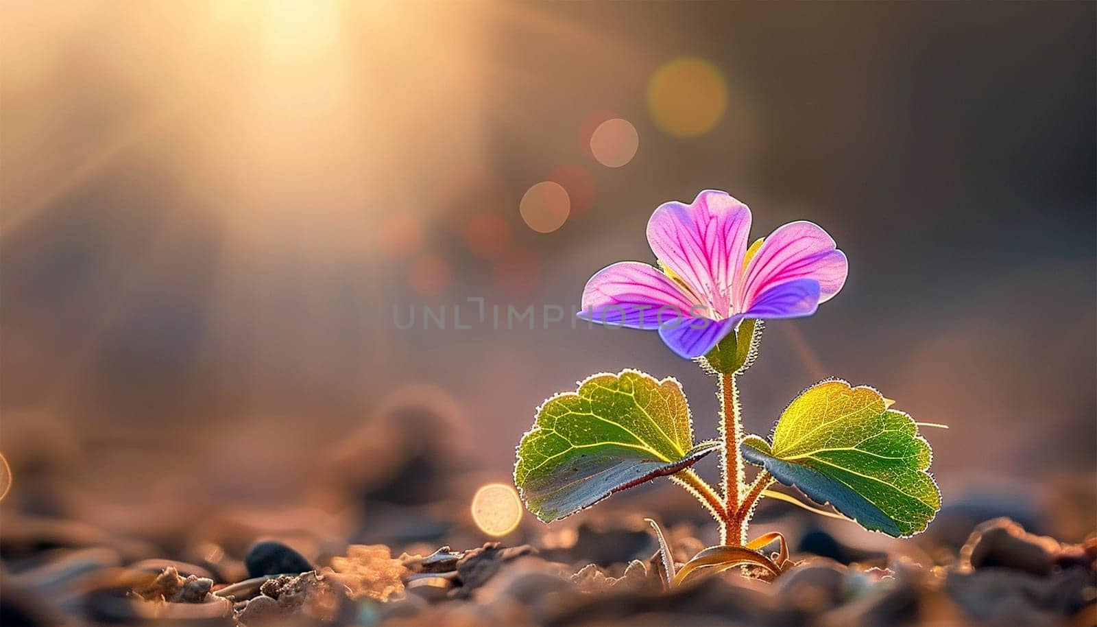 A stunning little flower blooms with vibrant purple petals against a soft, natural background in the wild. Sunlight shining standing alone. Spring and summer 4k video beauty