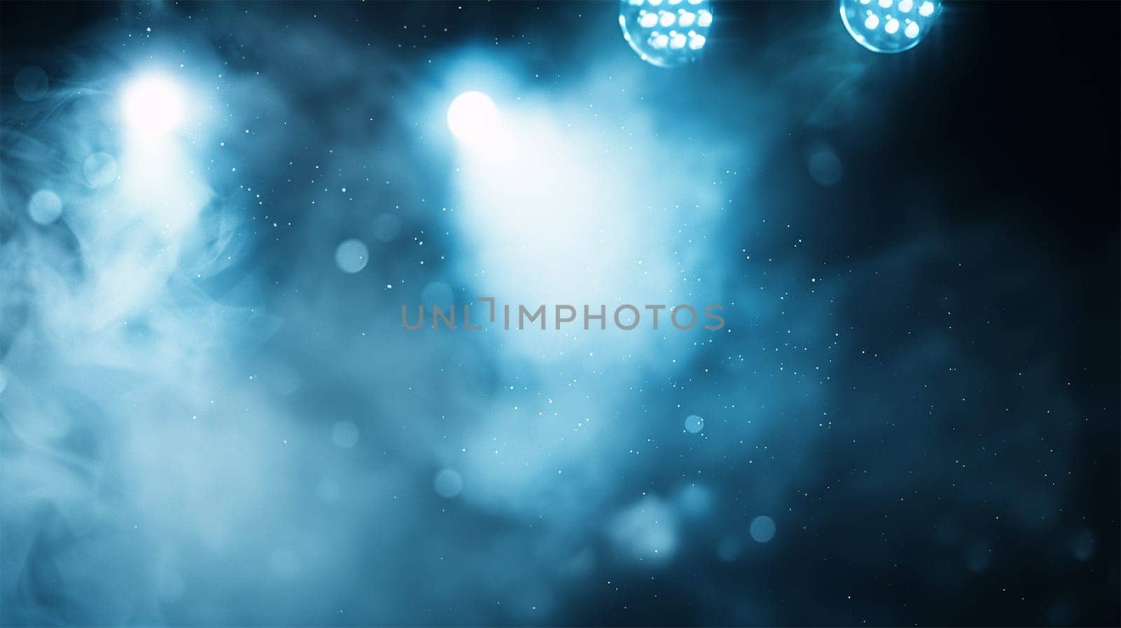 Colorful blue stage lights. Blue neon spotlights and white laser holograms spins, turns and emits light bright beams. Lighting equipment and light effects for design, concert hall and stage lighting during show. Stage lights shining