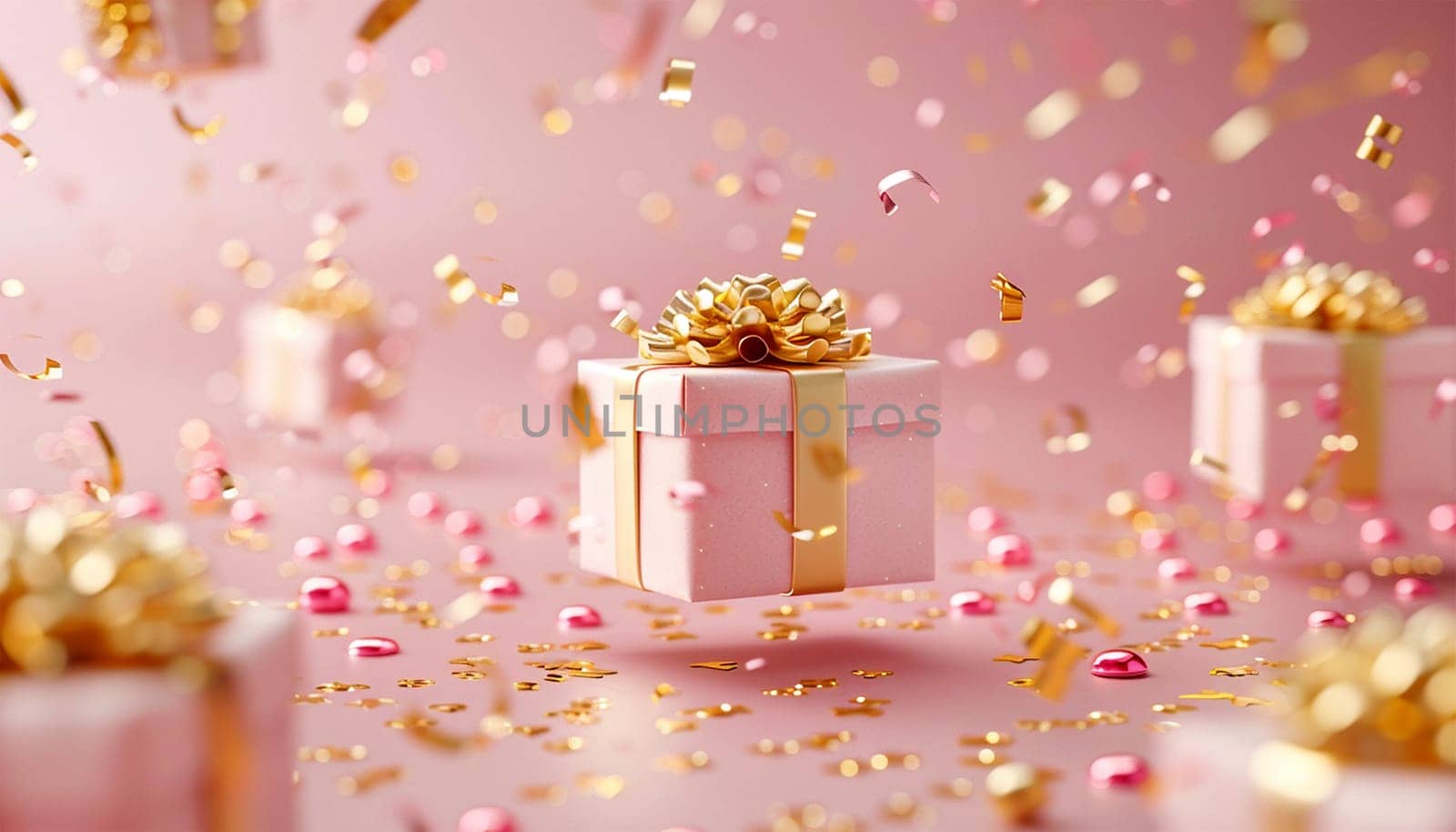 Pink gift box with golden ribbon bow levitating on pastel pink background. Flying stripped present with confetti abstract commercial for woman concept. Creative realistic minimal banner 3d render