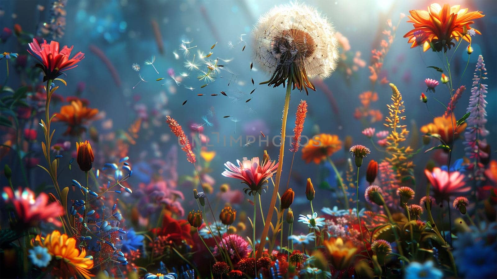 A beautiful spring flower field summer meadow. Dandelion Natural colorful landscape with many wild flowers of daisies against blue sky. A frame with soft selective focus. Magical nature background blossom magical