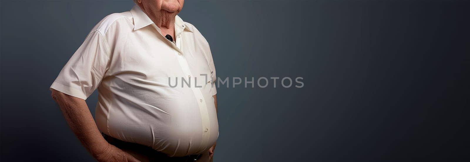 Senior elderly man with big belly. Obese man waist body fat. Obesity and weight loss. Older man on dark background copy space