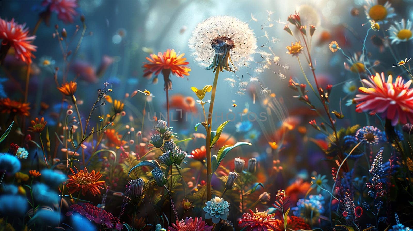 A beautiful spring flower field summer meadow. Dandelion Natural colorful landscape with many wild flowers of daisies against blue sky. A frame with soft selective focus. Magical nature background blossom magical