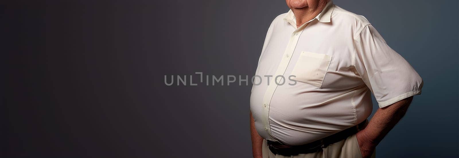 Senior elderly man with big belly. Obese man waist body fat. Obesity and weight loss. Older man on dark background copy space