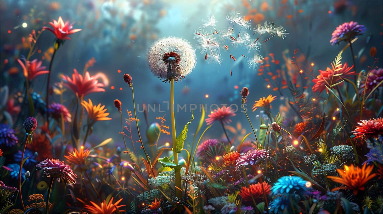 A beautiful spring flower field summer meadow. Dandelion Natural colorful landscape with many wild flowers of daisies against blue sky. A frame with soft selective focus. Magical nature background blossom magical
