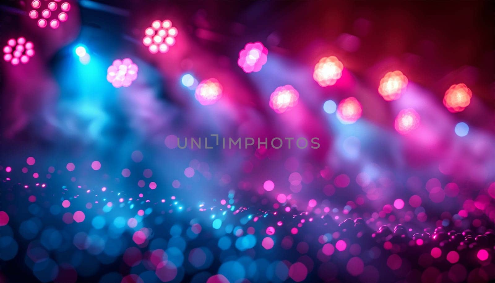 Colorful blue stage lights. Blue neon spotlights and white laser holograms spins, turns and emits light bright beams. Lighting equipment and light effects for design, concert hall and stage lighting during show. Stage lights shining copy space