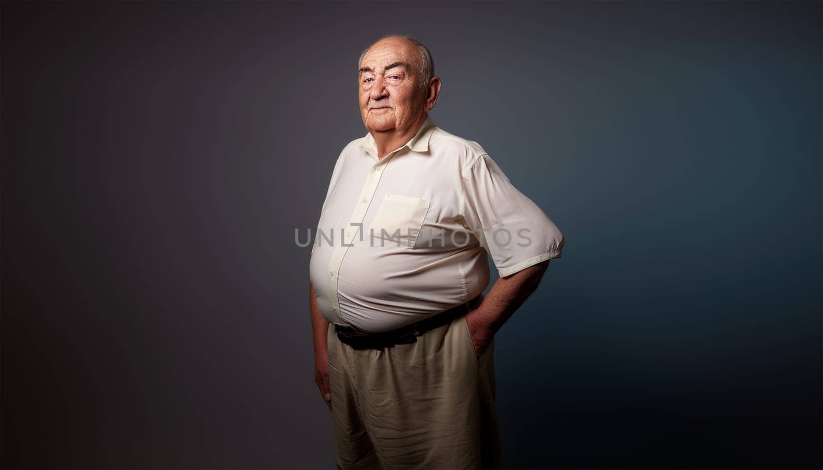 Senior elderly man with big belly. Obese man waist body fat. Obesity and weight loss. Older man on dark background copy space