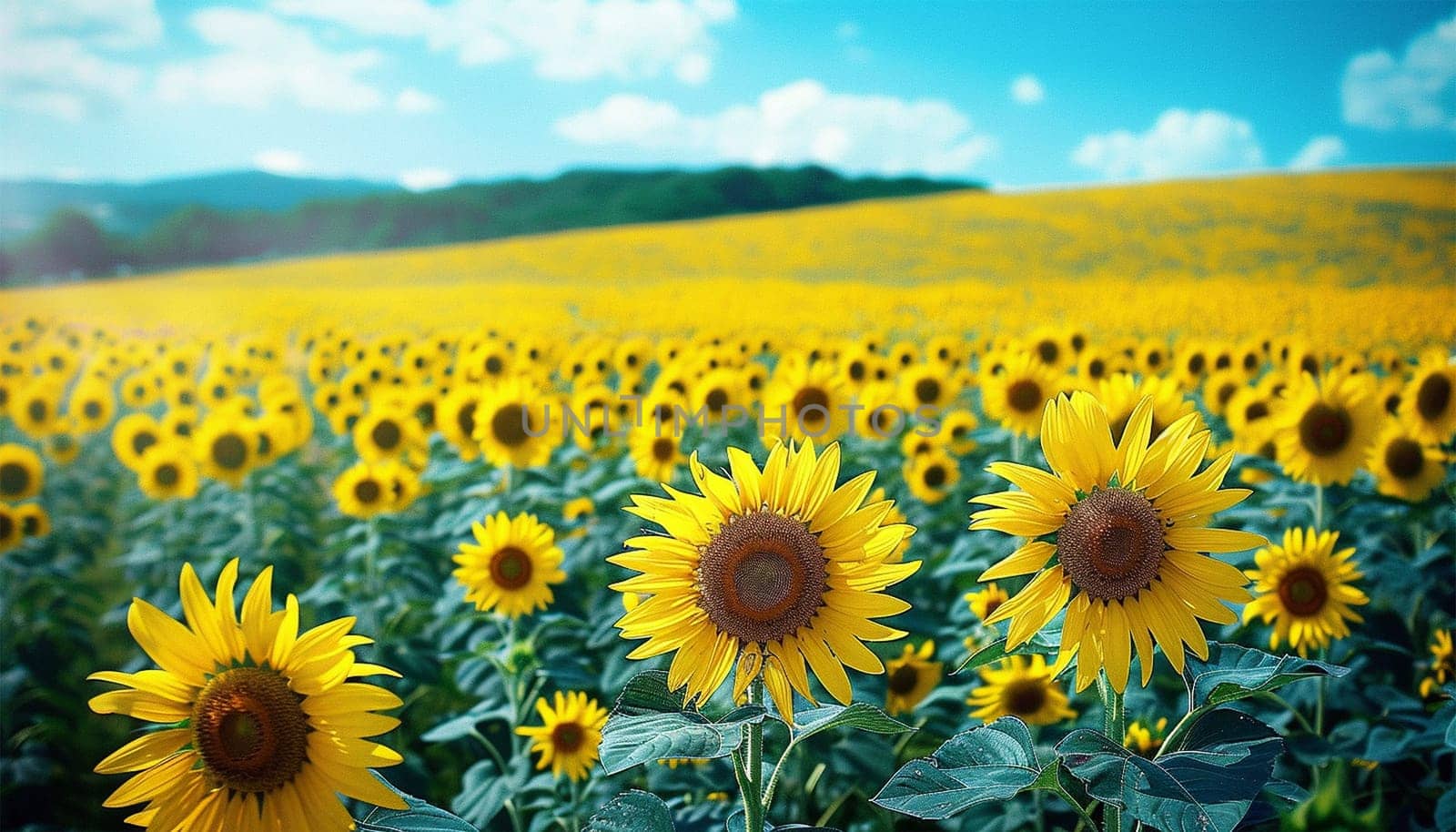 Field of yellow sunflower flowers against a background of clouds. Sunflower sways in the wind. Beautiful fields with sunflowers in the summer in rays of bright sun. Crop of crops ripening in field