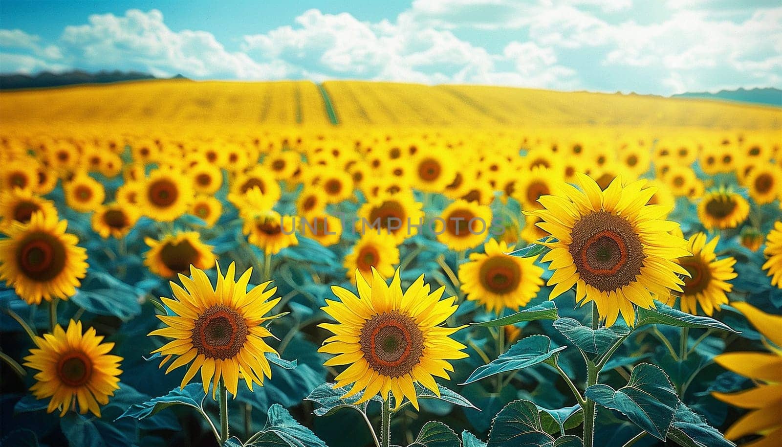 Field of yellow sunflower flowers against a background of clouds. Sunflower sways in the wind. Beautiful fields with sunflowers in the summer in rays of bright sun. Crop of crops ripening in field