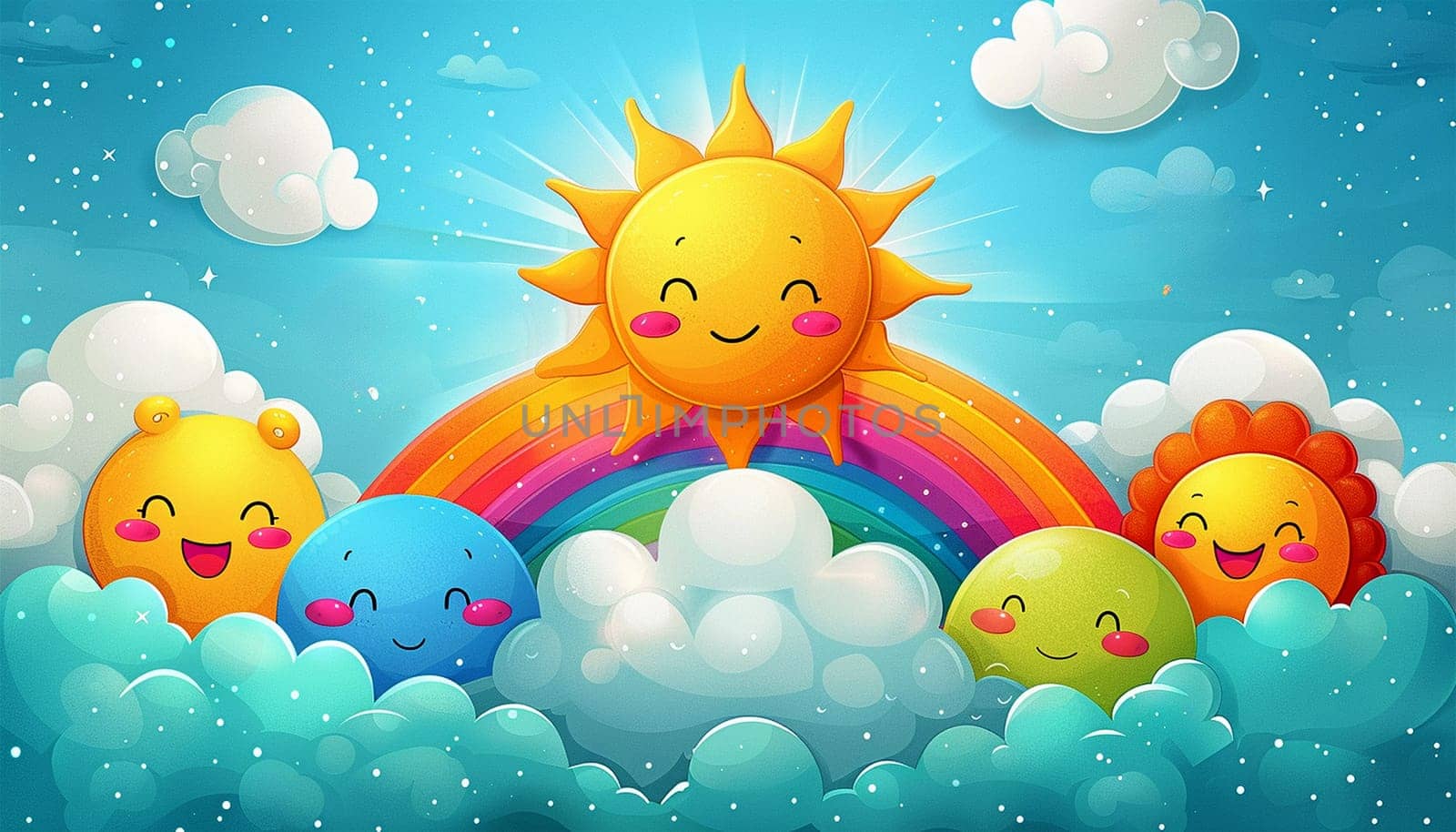 Cute animation with smiling sun and Magical fluffy clouds sparkling under a rainbow, timelapse style clouds drifting in the blue sky, background for music visualizer, kawaii aesthetic, fantasy backdrop, pastel gentle colors, princess for children 4k