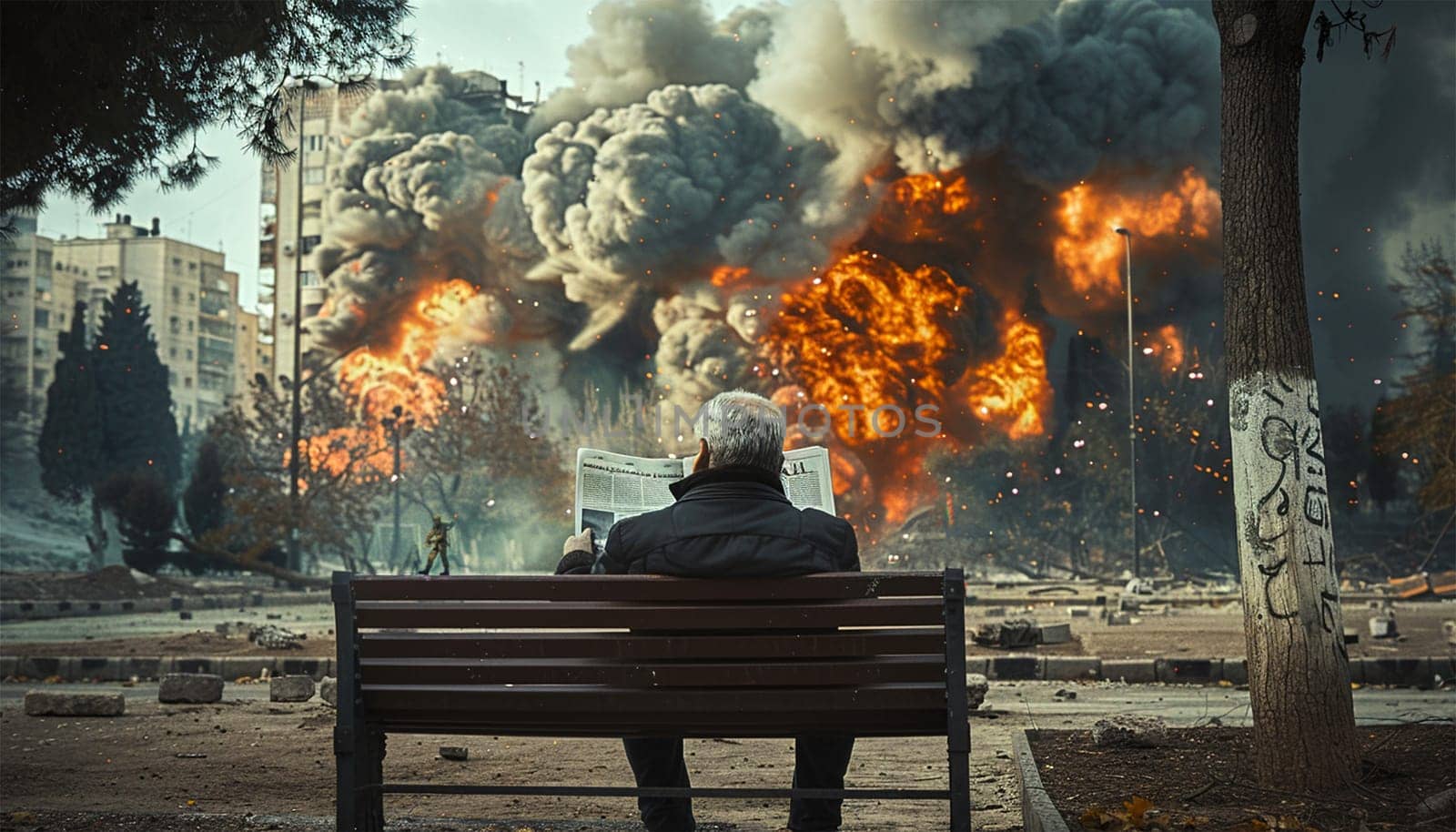 Senior man reading the news paper with a massive fire explosion in military combat and war. Tank in a city in the Middle East. Military Concept. Strength, power, explosion in the city