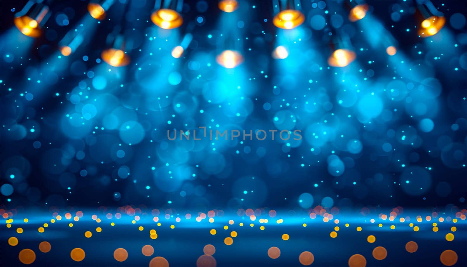 Colorful blue stage lights. Blue neon spotlights and white laser holograms spins, turns and emits light bright beams. Lighting equipment and light effects for design, concert hall and stage lighting during show. Stage lights shining copy space