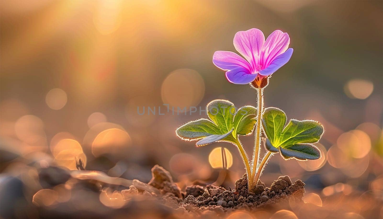 A stunning little flower blooms with vibrant purple petals against a soft, natural background in the wild. Sunlight shining standing alone. Spring and summer 4k video beauty