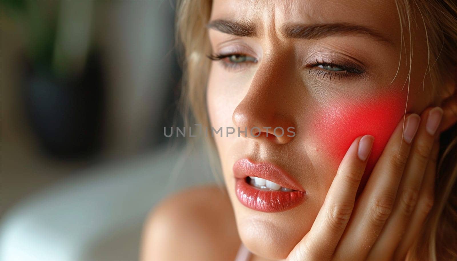 Depressed sad elegant middle aged woman with tooth pain and dentistry. Woman suffering from terrible teeth pain. red glow showing the pain. toothache. Dental care and health concept