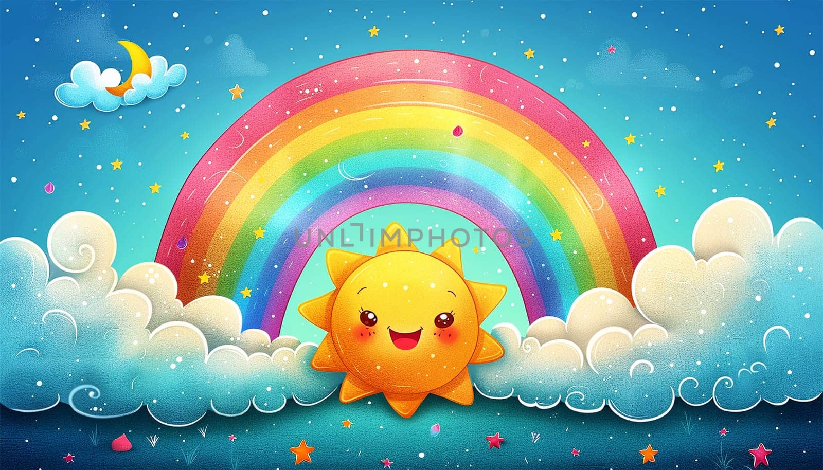 Cute animation with smiling sun and Magical fluffy clouds sparkling under a rainbow, timelapse style clouds drifting in the blue sky, background for music visualizer, kawaii aesthetic, fantasy backdrop, pastel gentle colors, princess for children 4k
