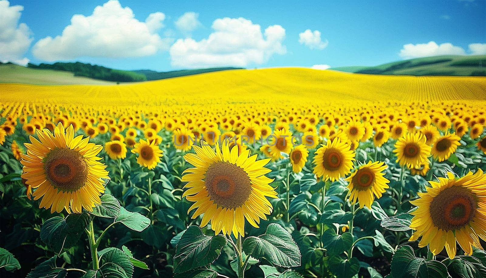 Field of yellow sunflower flowers against a background of clouds. Sunflower sways in the wind. Beautiful fields with sunflowers in the summer in rays of bright sun. Crop of crops ripening in field