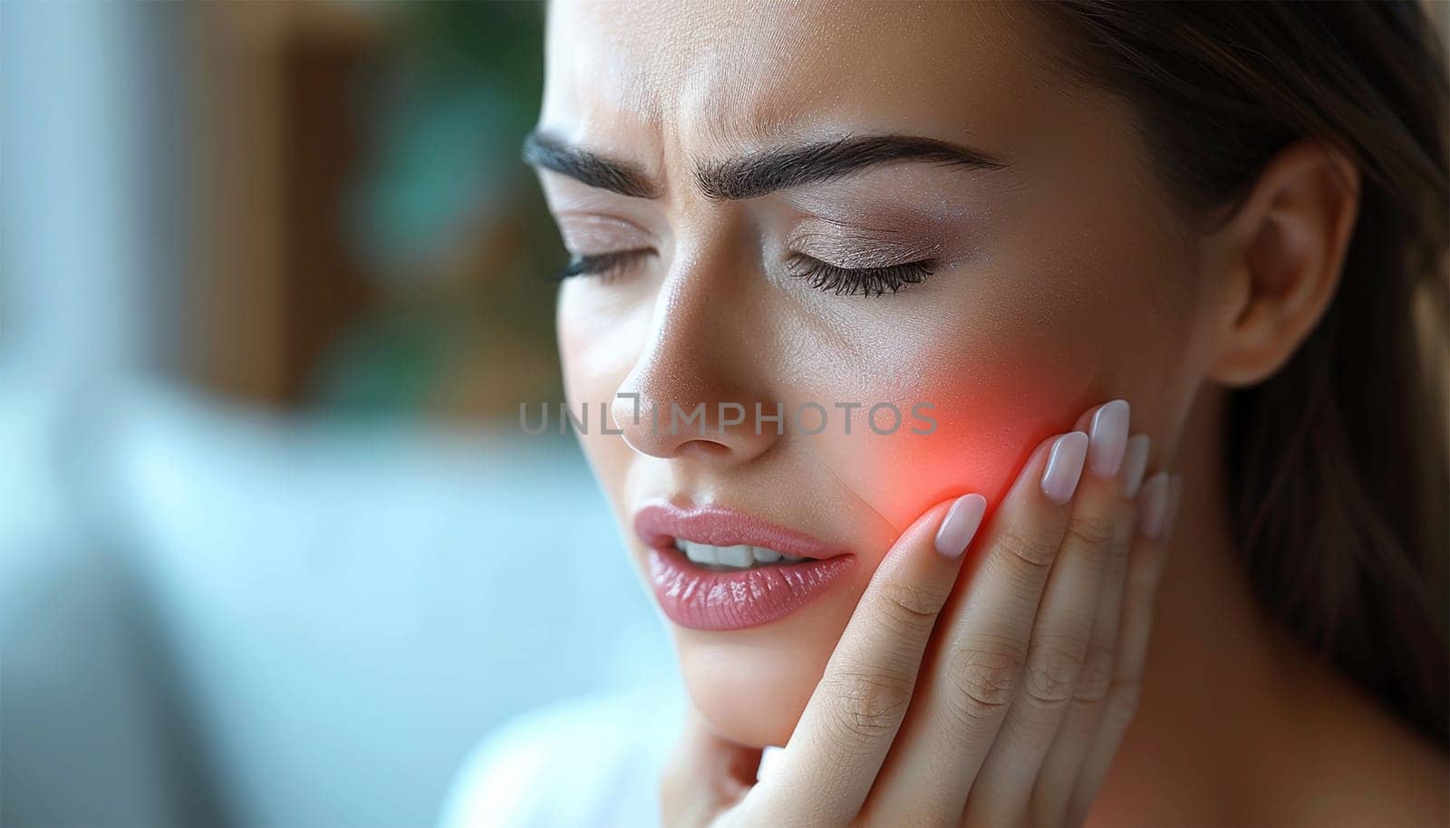 Depressed sad elegant middle aged woman with tooth pain and dentistry. Woman suffering from terrible teeth pain. red glow showing the pain. toothache. Dental care and health concept