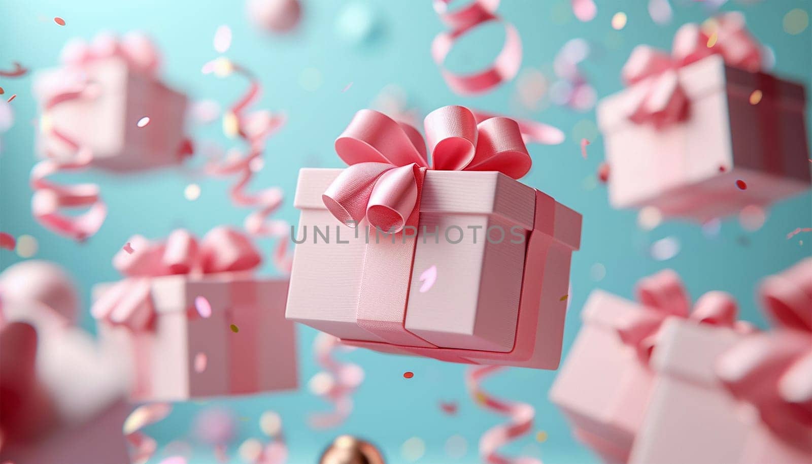 Pink gift box with golden ribbon bow levitating on pastel pink background. Flying stripped present with confetti abstract commercial for woman concept. Creative realistic minimal banner 3d render
