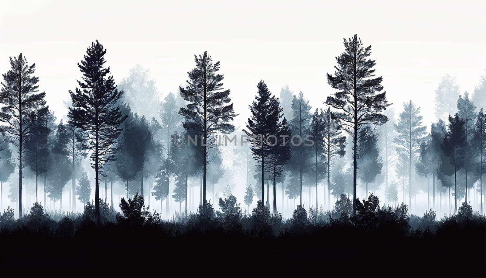 Forest silhouette white background. Forest background, nature, landscape. Evergreen coniferous trees. Pine, spruce, tree. Silhouette copy space