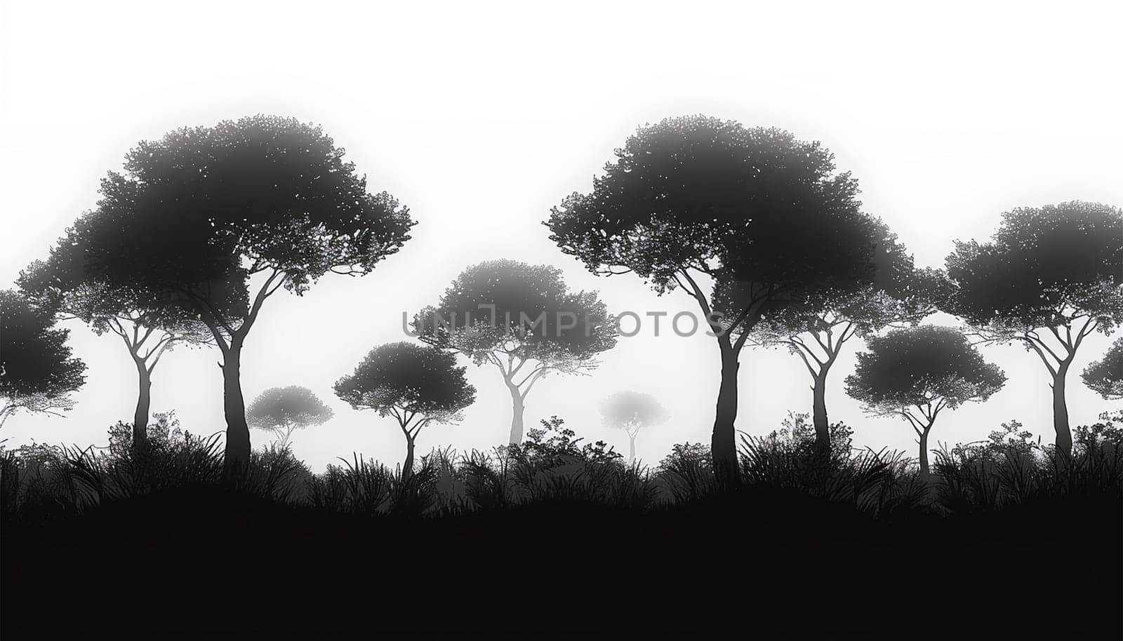 Forest silhouette white background. Forest background, nature, landscape. Evergreen coniferous trees. Pine, spruce, tree. Silhouette copy space