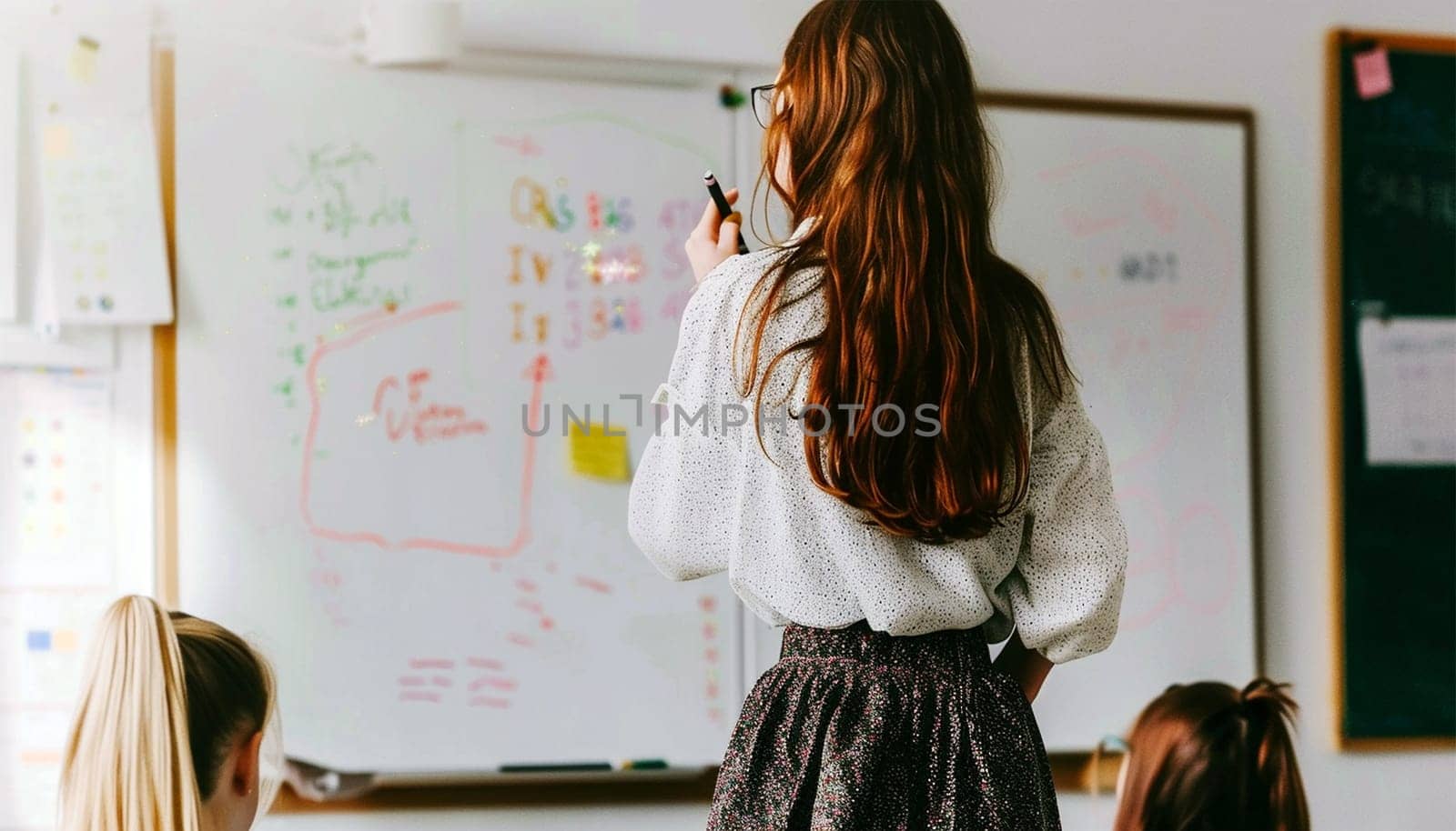 Portrait, young woman in classroom teaching children at school, students or happiness in a classroom. Face, female educator or employee with children, smile or education with knowledge, learners and development