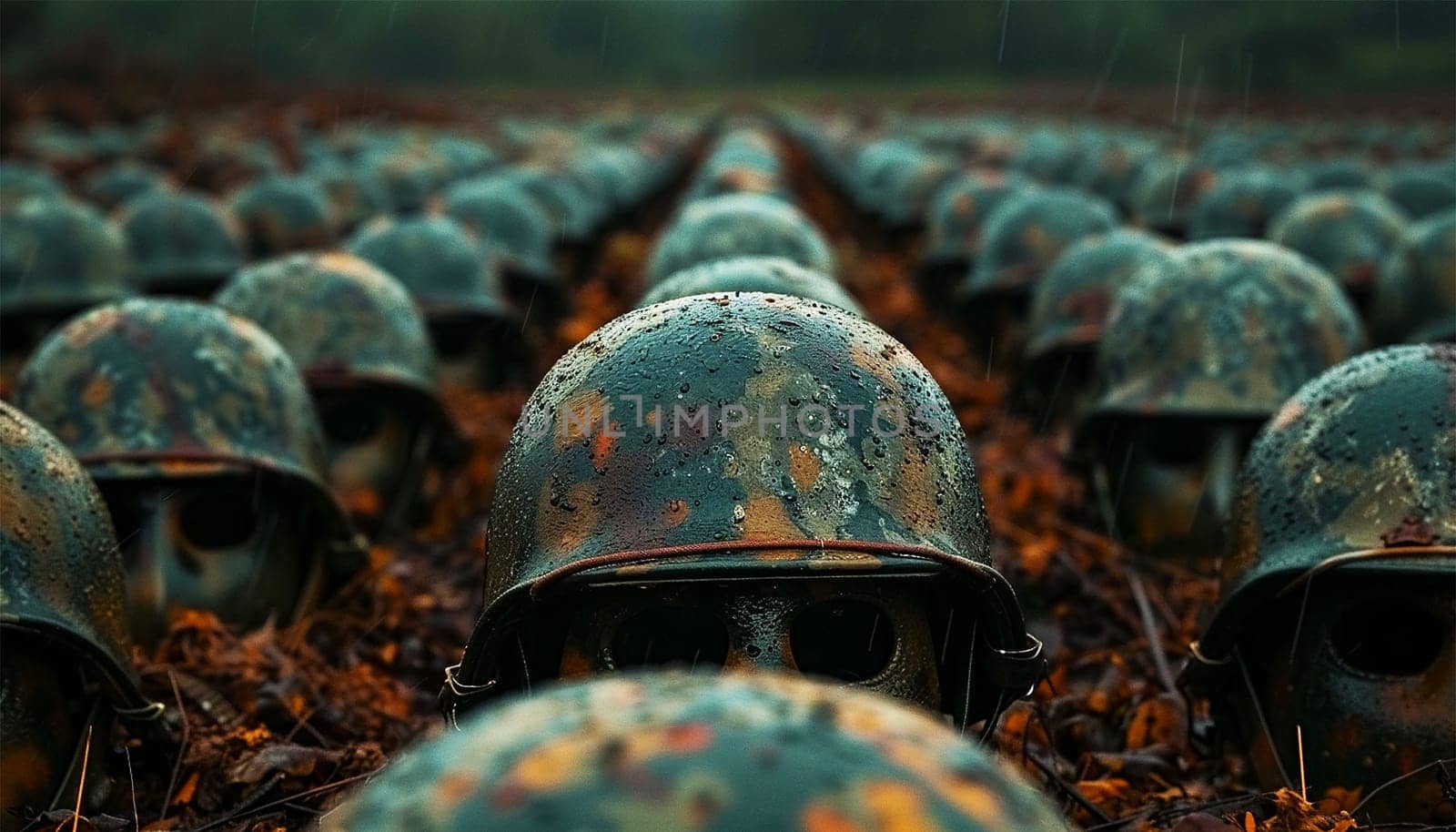 Helmets in a row on battlefield. Military warzone. Army rangers in combat helmets. military graveyard. Soldiers who died in the war