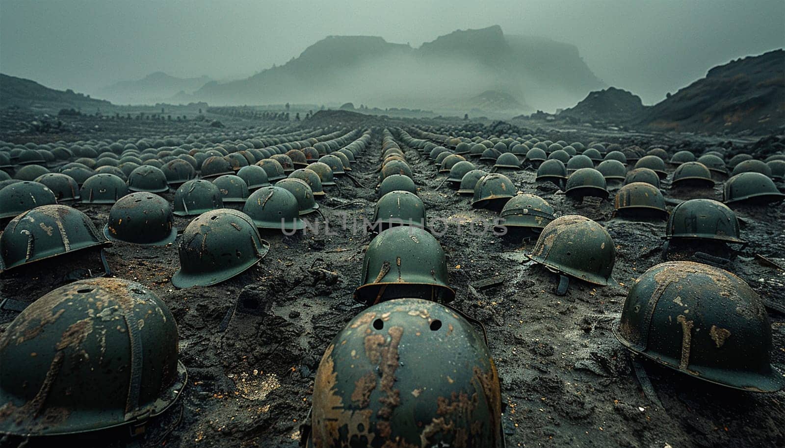 Helmets in a row on battlefield. Military warzone. Army rangers in combat helmets. military graveyard. Soldiers who died in the war