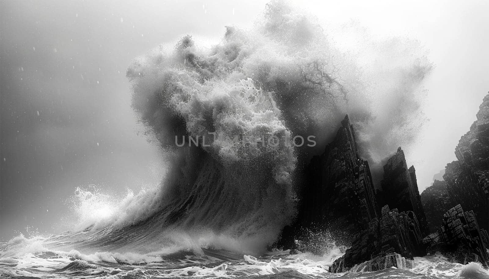 Extreme Wave crushing coast , Large Ocean Beautiful Wave, Awesome power of waves breaking over dangerous rocks. Powerful ocean wave crushing on cliff slow-motion beauty