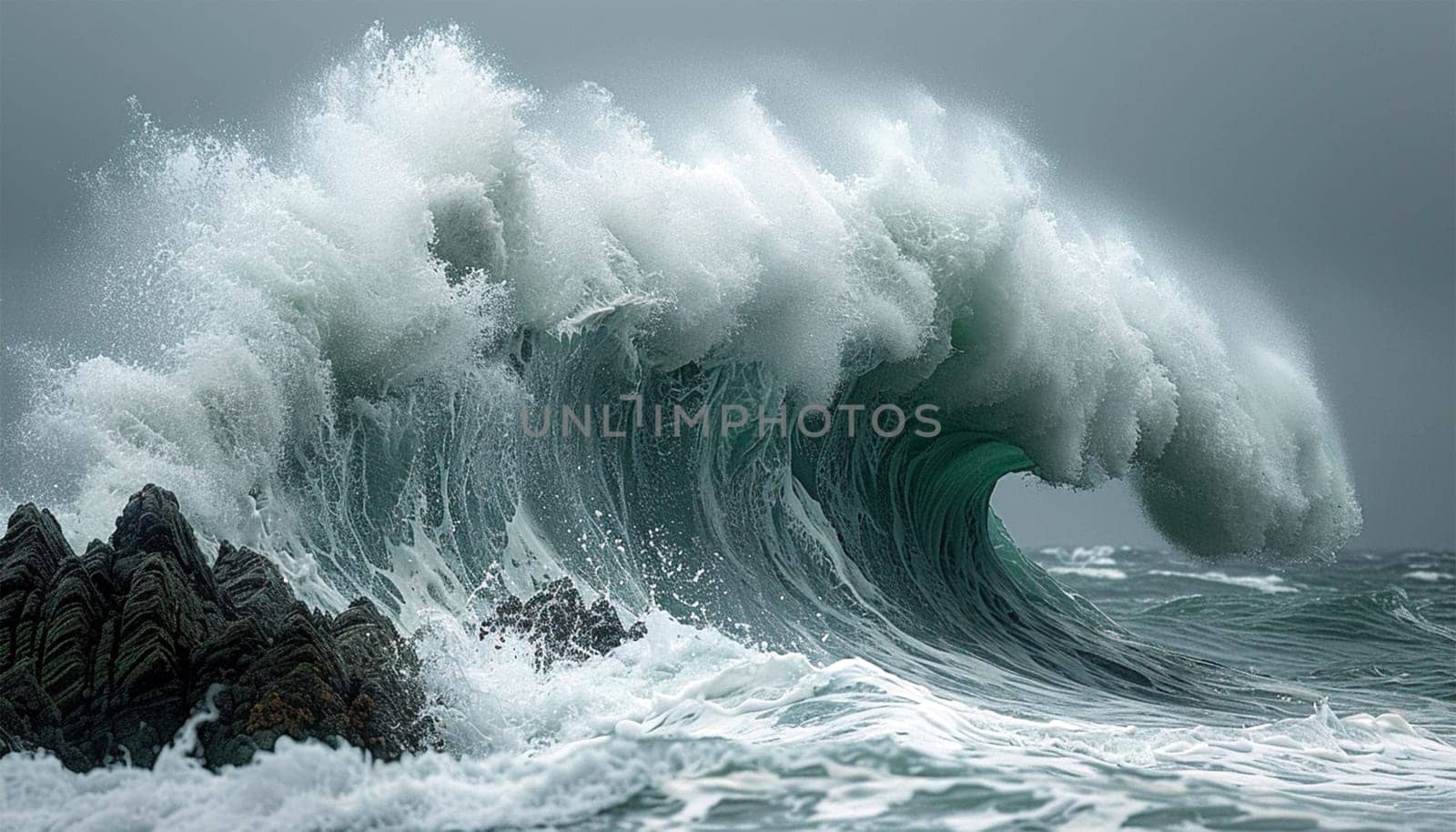 Extreme Wave crushing coast , Large Ocean Beautiful Wave, Awesome power of waves breaking over dangerous rocks. Powerful ocean wave crushing on cliff slow-motion beauty