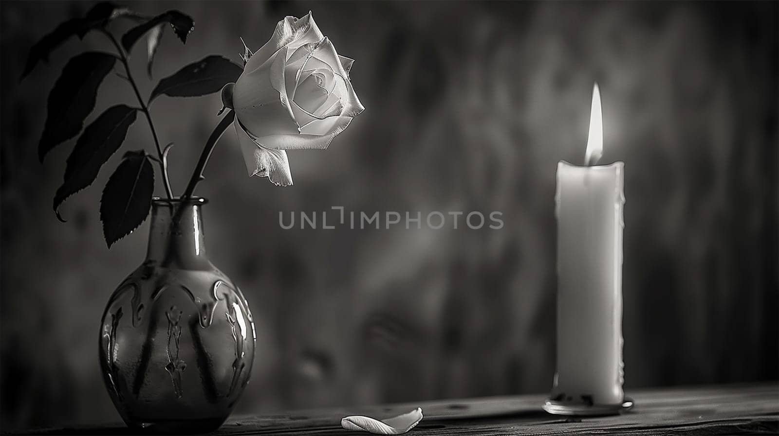 Burning candle with vintage vase and white rose. Burning candles on dark surface. Melted wax candle burning at night. Memory day. Black and white